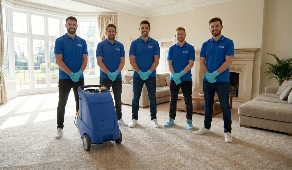 Carpet cleaning team in home